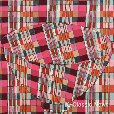 최지현, 담다 35x35cm 장지위에 채색 2016, 기하학적 무늬 속에 그릇이 숨겨져 있는 그림